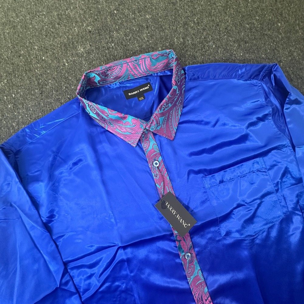 Barry Wang Mens XXXL Blue Paisley Trim Satin Finish Long Sleeve Shirt paisley co